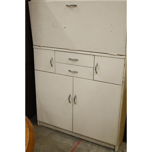 63 - A 1950s vintage kitchen cupboard with etched glass upper doors and melamine drop-front enclosing sto... 