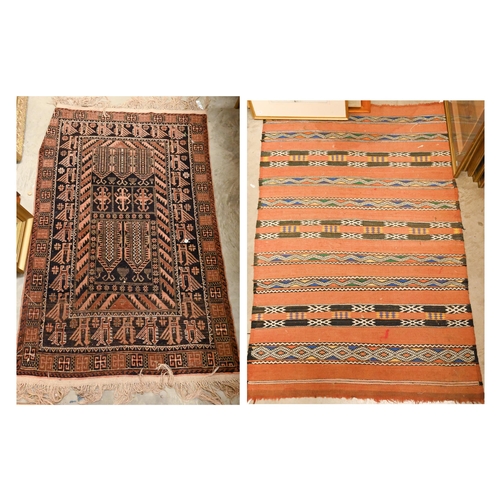 86 - An Afghan Baluch bird design rug, brown ground, 150 cm x 93 cm to/w a soumak rug with geometric band... 