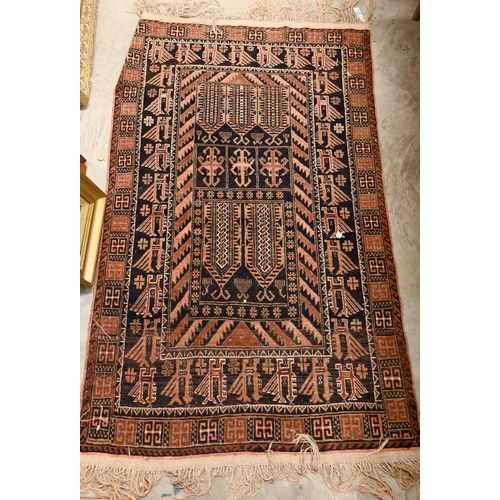 86 - An Afghan Baluch bird design rug, brown ground, 150 cm x 93 cm to/w a soumak rug with geometric band... 