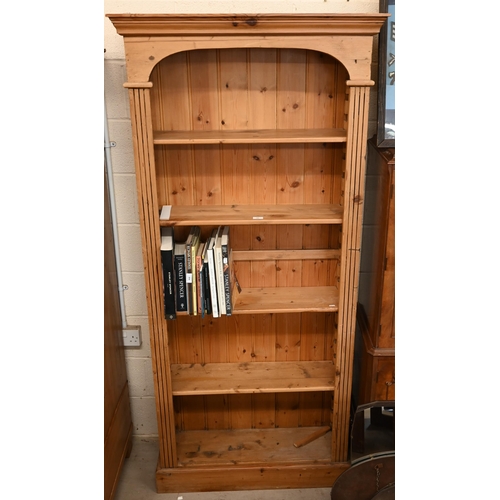 94 - A waxed pine open bookcase with four adjustable shelves, 92 cm w x 30 cm d x 198 cm h