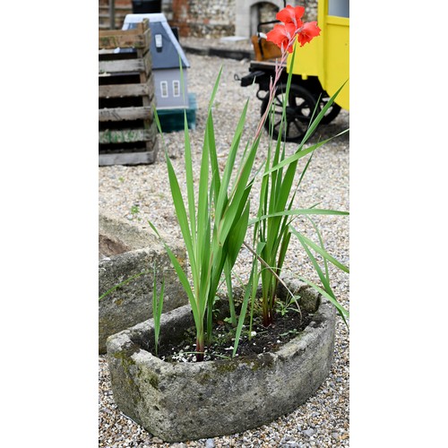 20A - An old weathered stone demi lune shaped planter, 76 cm w x 40 cm d x 24 cm h