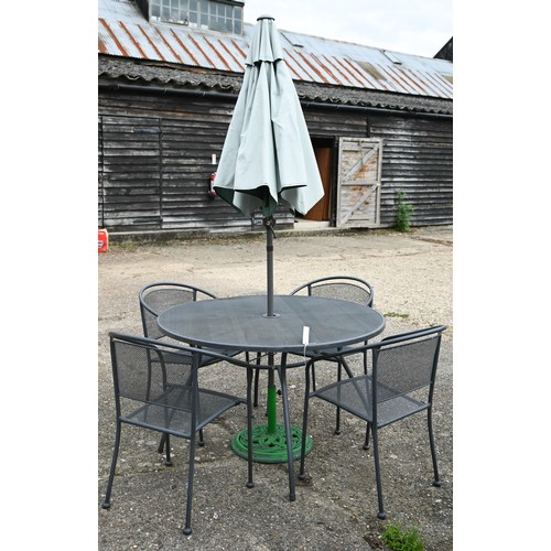 25A - A metal garden patio set with circular table, 120 cm dia. x 72 cm h anf four chairs c/w parasol in c... 