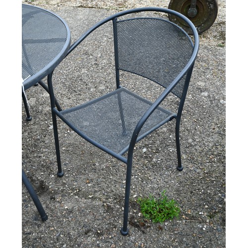 25A - A metal garden patio set with circular table, 120 cm dia. x 72 cm h anf four chairs c/w parasol in c... 