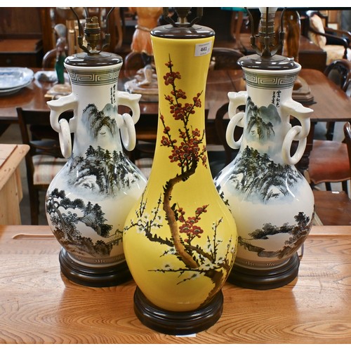 441 - A pair of Asian ceramic table lamps painted with landscapes, 48 cm high, to/w a yellow glazed lamp p... 