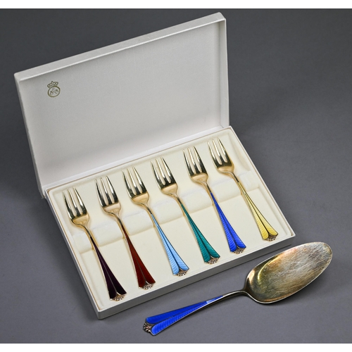 126 - A David-Andersen (Oslo) Sterling and gilt Harlequin set of six coloured enamel pastry forks in origi... 