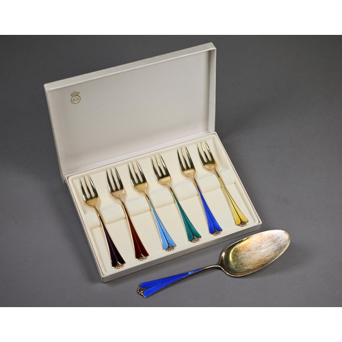 126 - A David-Andersen (Oslo) Sterling and gilt Harlequin set of six coloured enamel pastry forks in origi... 