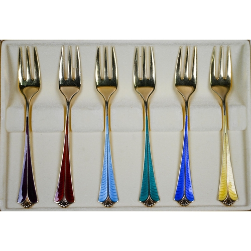 126 - A David-Andersen (Oslo) Sterling and gilt Harlequin set of six coloured enamel pastry forks in origi... 