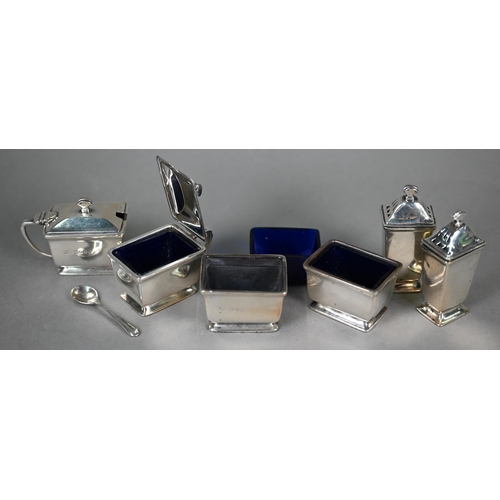 127 - A cased Art Deco silver six-piece condiment set, Goldsmiths & Silversmiths Co Ltd, London 1938, ... 