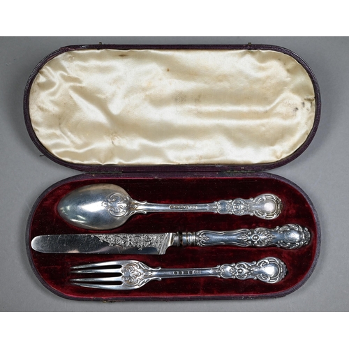 128 - A Victorian cased silver Christening knife, spoon & fork, the knife with silver blade and loaded... 