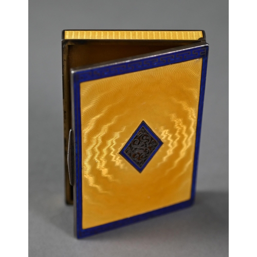 129 - An Austro-Hungarian .950 grade card case, the yellow and blue guilloche enamel body with ornately-pi... 