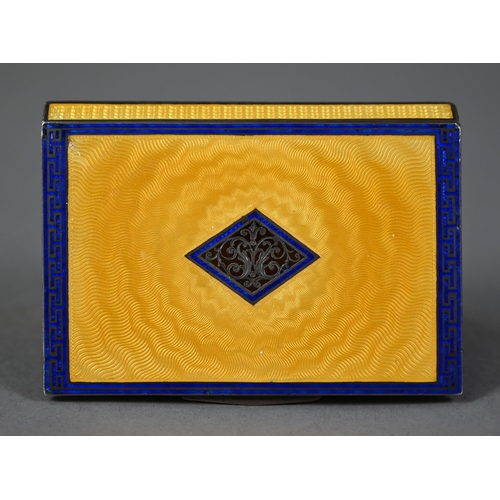 129 - An Austro-Hungarian .950 grade card case, the yellow and blue guilloche enamel body with ornately-pi... 