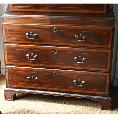 719 - A Victorian cross banded and inlaid bright mahogany chest on chest, the dentil moulded cornice over ... 