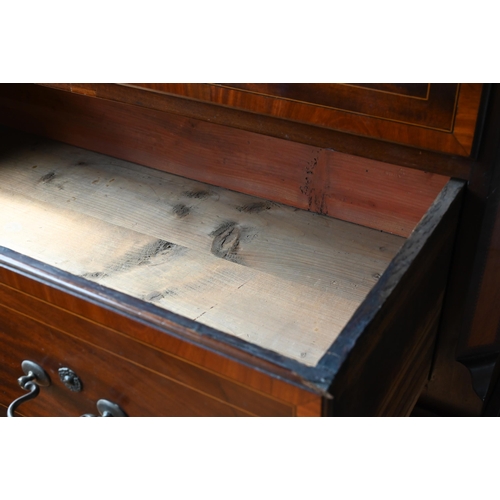 719 - A Victorian cross banded and inlaid bright mahogany chest on chest, the dentil moulded cornice over ... 