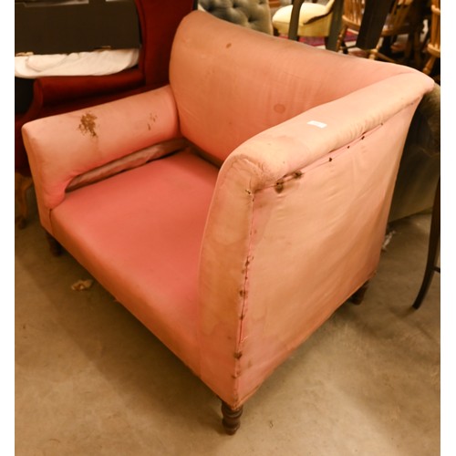 740 - An antique Dutch love-seat / corner armchair with one low arm, on turned supports, 102 cm wide, for ... 