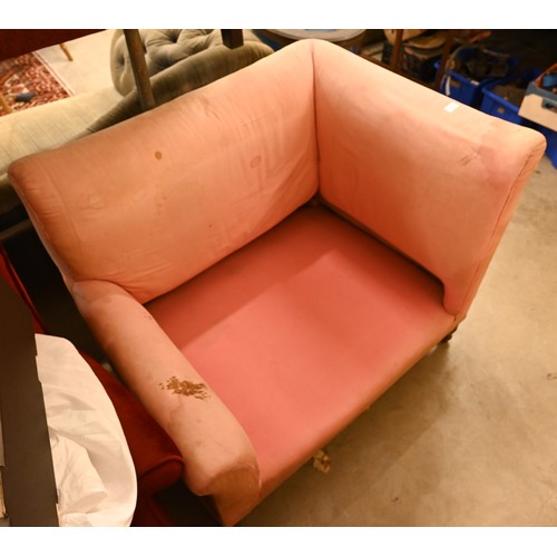 740 - An antique Dutch love-seat / corner armchair with one low arm, on turned supports, 102 cm wide, for ... 