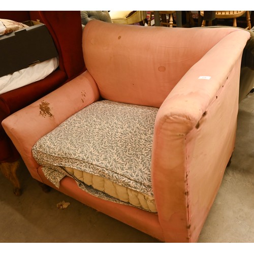 740 - An antique Dutch love-seat / corner armchair with one low arm, on turned supports, 102 cm wide, for ... 