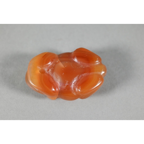 376 - A polished carnelian agate large pendant, 5.5 cm to/w a carved agate frog, 5.5 cm, a jadeite Buddha ... 