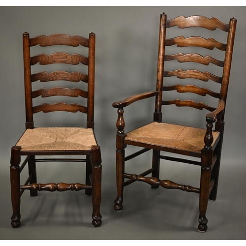 759 - A close set of eight traditional Lancashire ash framed rope seat wavy ladderback dining chairs, comp... 
