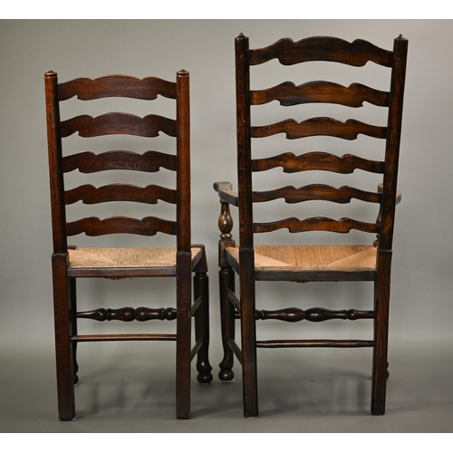 759 - A close set of eight traditional Lancashire ash framed rope seat wavy ladderback dining chairs, comp... 