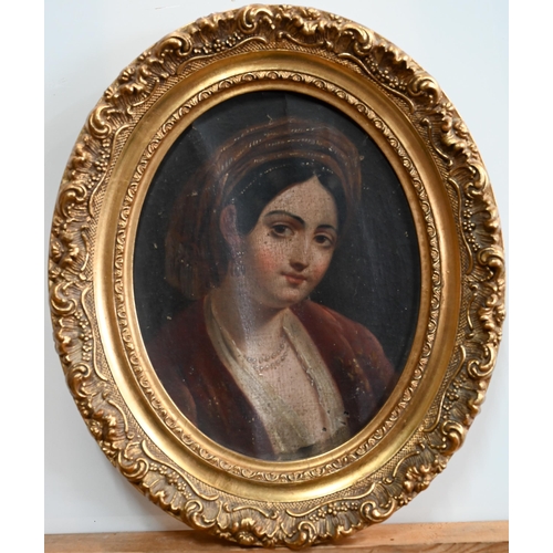 529 - Early 19th century possibly Spanish - Oval portrait of a lady in a red dress and headdress, oil on c... 