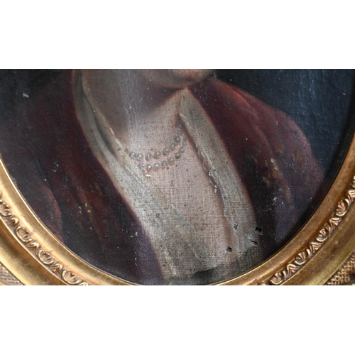 529 - Early 19th century possibly Spanish - Oval portrait of a lady in a red dress and headdress, oil on c... 