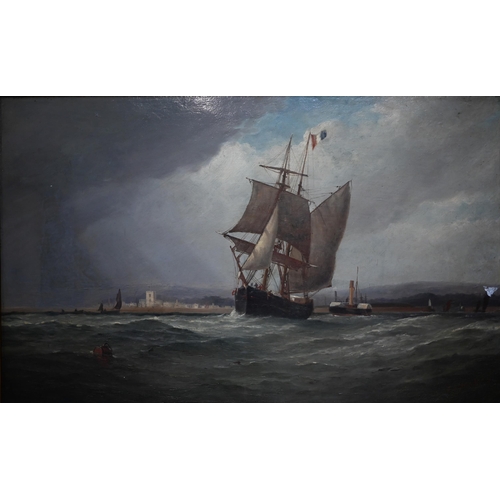 541 - F J Aldridge (1850-1933) - A two-masted ship in an extensive seascape, oil on canvas, signed and dat... 