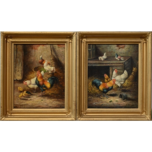 548 - Manner of Edgar Hunt (1876-1953) - A pair of cockerel farmyard studies, oil on board, bears signatur... 