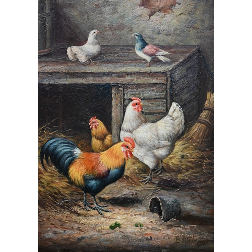 548 - Manner of Edgar Hunt (1876-1953) - A pair of cockerel farmyard studies, oil on board, bears signatur... 