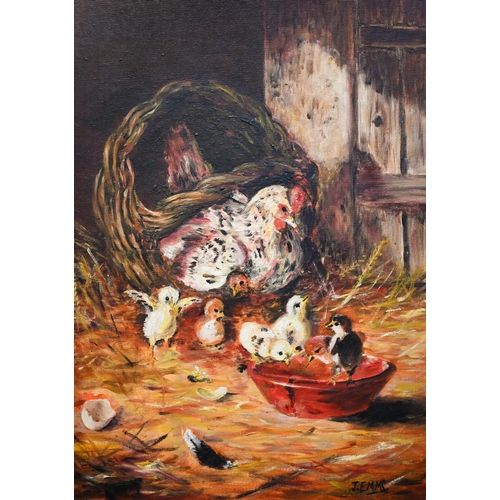 549 - Manner of John Emms - Hen and chicks in a barn, oil on board, bears signature lower right, 49 x 35 c... 