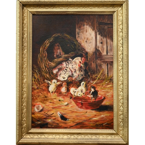 549 - Manner of John Emms - Hen and chicks in a barn, oil on board, bears signature lower right, 49 x 35 c... 