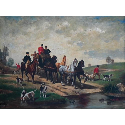 555 - Victorian school - Hunting scene with carriage, oil on canvas, indistinctly signed lower right, 74 x... 