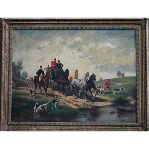 555 - Victorian school - Hunting scene with carriage, oil on canvas, indistinctly signed lower right, 74 x... 