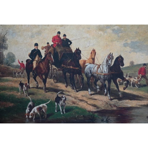 555 - Victorian school - Hunting scene with carriage, oil on canvas, indistinctly signed lower right, 74 x... 