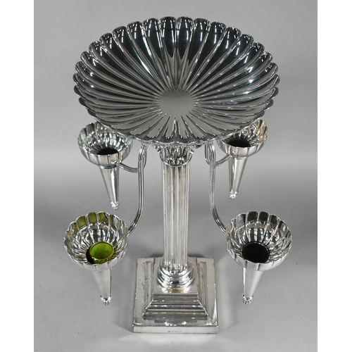 1 - A large Elkington & Co. electroplated centrepiece epergne, surmounted by a fluted bowl flanked b... 