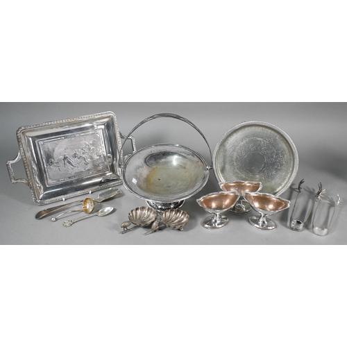 11 - A quantity of electroplated wares, including large tray, ice bucket with tongs, sauce boats, egg-boi... 