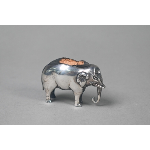 112 - An Edwardian silver 'Elephant' novelty pin cushion, Sydney & Co., Birmingham 1906, 4cm high x 5c... 