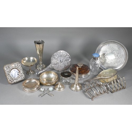 113 - Various silver-mounted items, including cut glass scent bottle, vase-flutes, tortoiseshell-topped to... 