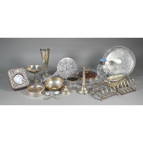 113 - Various silver-mounted items, including cut glass scent bottle, vase-flutes, tortoiseshell-topped to... 