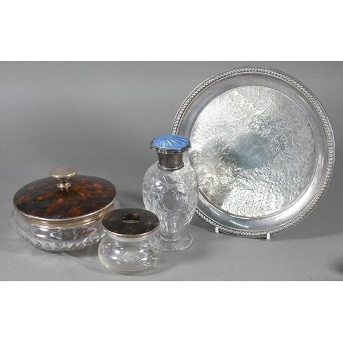 113 - Various silver-mounted items, including cut glass scent bottle, vase-flutes, tortoiseshell-topped to... 