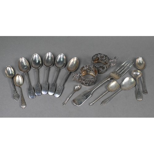 119 - A Victorian fiddle pattern table fork, London 1849, to/w various other small flatware and a pair of ... 