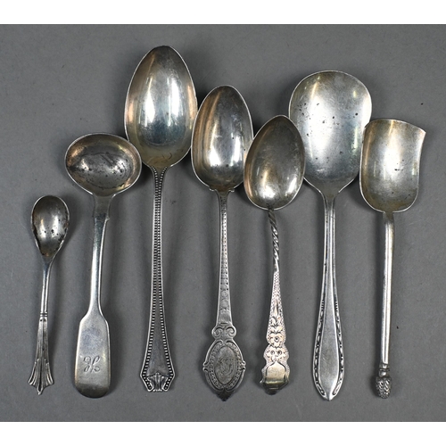 119 - A Victorian fiddle pattern table fork, London 1849, to/w various other small flatware and a pair of ... 