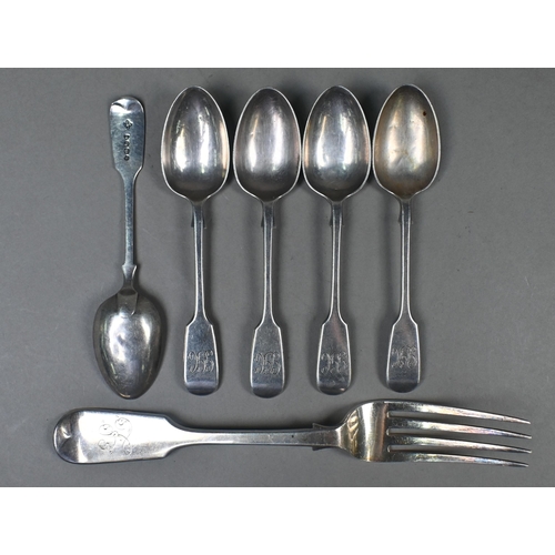 119 - A Victorian fiddle pattern table fork, London 1849, to/w various other small flatware and a pair of ... 