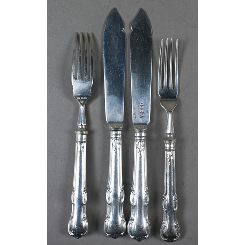 135 - A set of seventeen each Prince's (or Joan of Arc) pattern silver fish knives and forks with loaded s... 