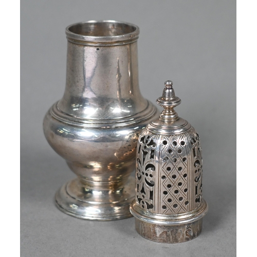 137 - A George II silver baluster muffineer with pierced top and moulded foot, Samuel Wood, London 1754, t... 