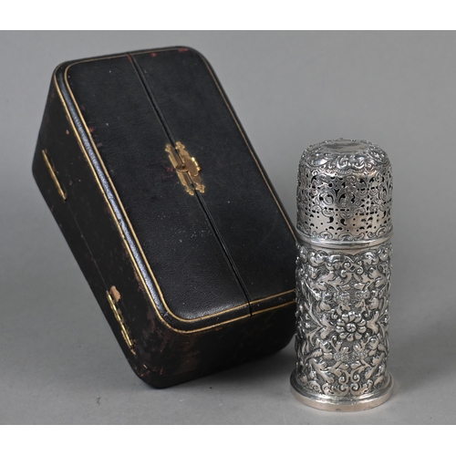 139 - A Victorian cased silver cylindrical sugar caster in the Carolean manner, with pierced domed top, th... 