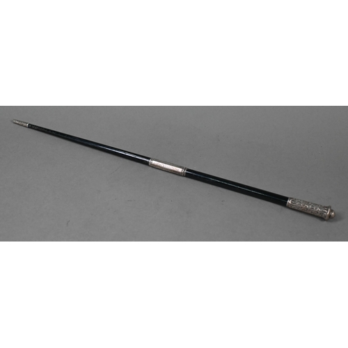 147 - An Edwardian silver-mounted ebony 'Handy Pocket Baton' two-piece conductor's baton, unscrewing in th... 