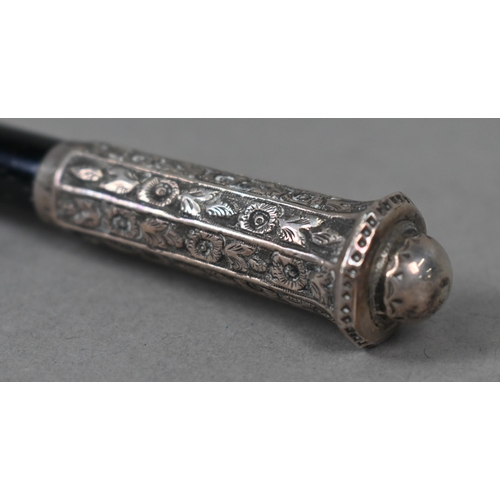 147 - An Edwardian silver-mounted ebony 'Handy Pocket Baton' two-piece conductor's baton, unscrewing in th... 