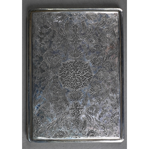 149 - A Persian silver cigarette case, richly chased and engraved with carpet design and flowers and birds... 