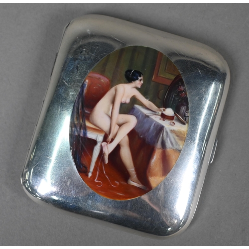 151 - An antique .835 standard cigarette case, enamelled with a naked young lady at her toilette, stamped ... 