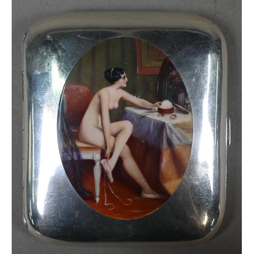 151 - An antique .835 standard cigarette case, enamelled with a naked young lady at her toilette, stamped ... 